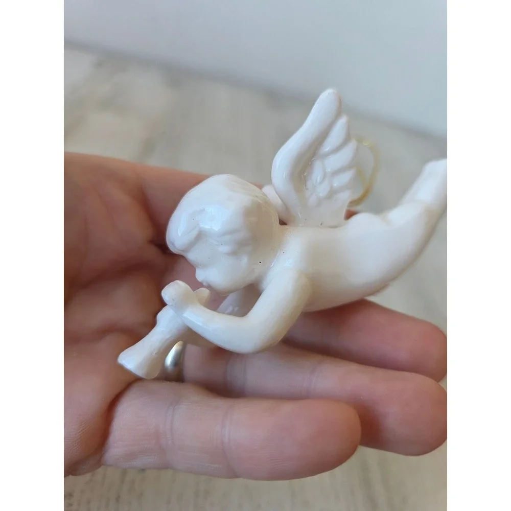 Vintage porcelain Angel cherub ornament white horn Xmas tree girl Angels